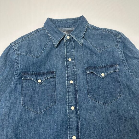 Vintage Polo Ralph Lauren Cropped Denim Button Up M - Picture 2 of 3